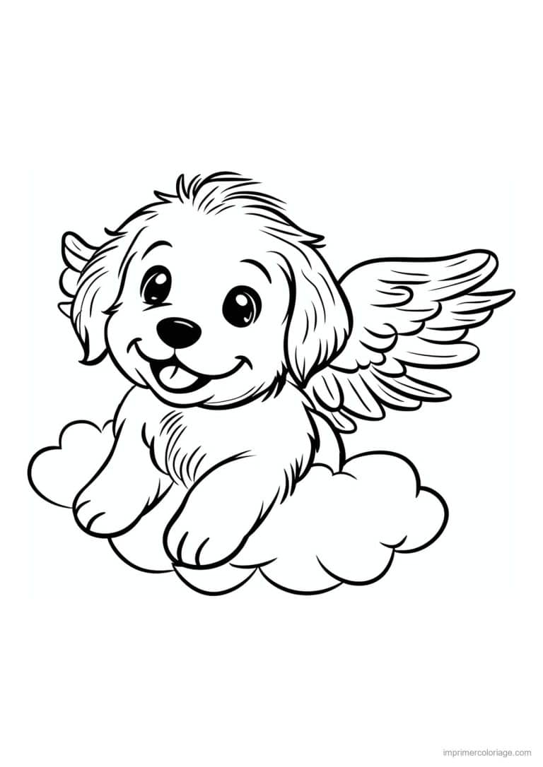 coloriage chiot ange sur un nuage - dessin gratuit &agrave; imprimer