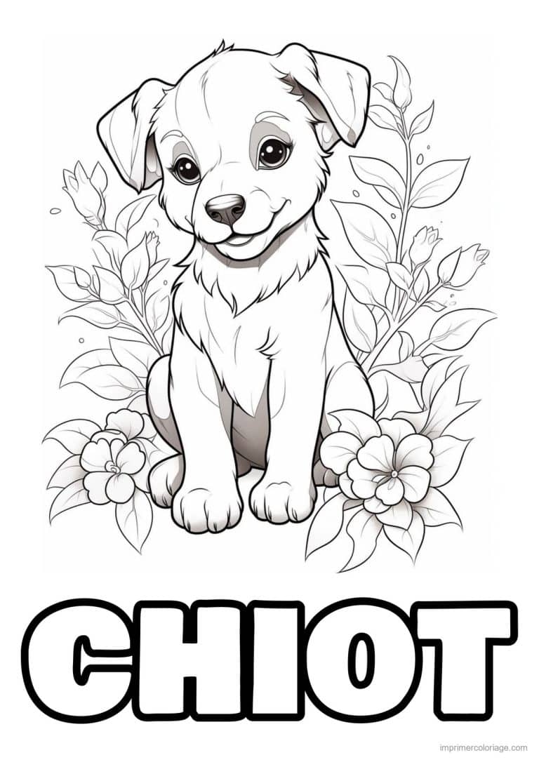 coloriage chiot assis dans les fleurs - dessin gratuit &agrave; imprimer