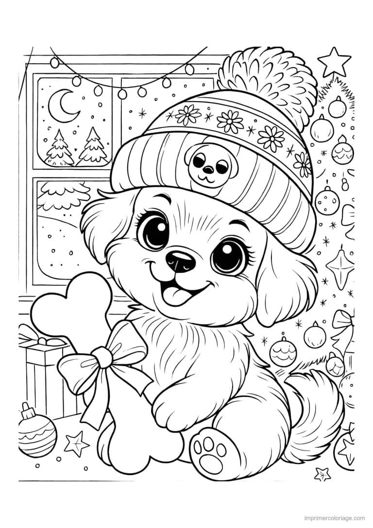 coloriage chiot bonnet de noel tricote - dessin gratuit &agrave; imprimer