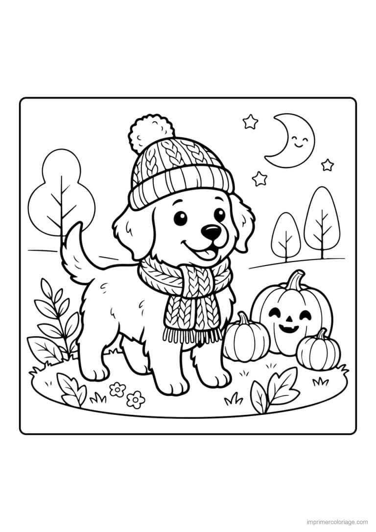 coloriage chiot bonnet et echarpe la nuit - dessin gratuit &agrave; imprimer