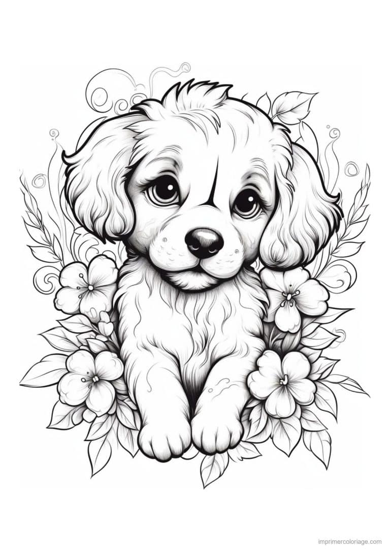 coloriage chiot boucle entoure de fleurs - dessin gratuit &agrave; imprimer