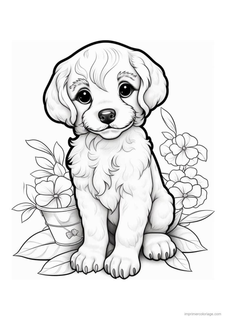 coloriage chiot caniche seau de fleurs - dessin gratuit &agrave; imprimer
