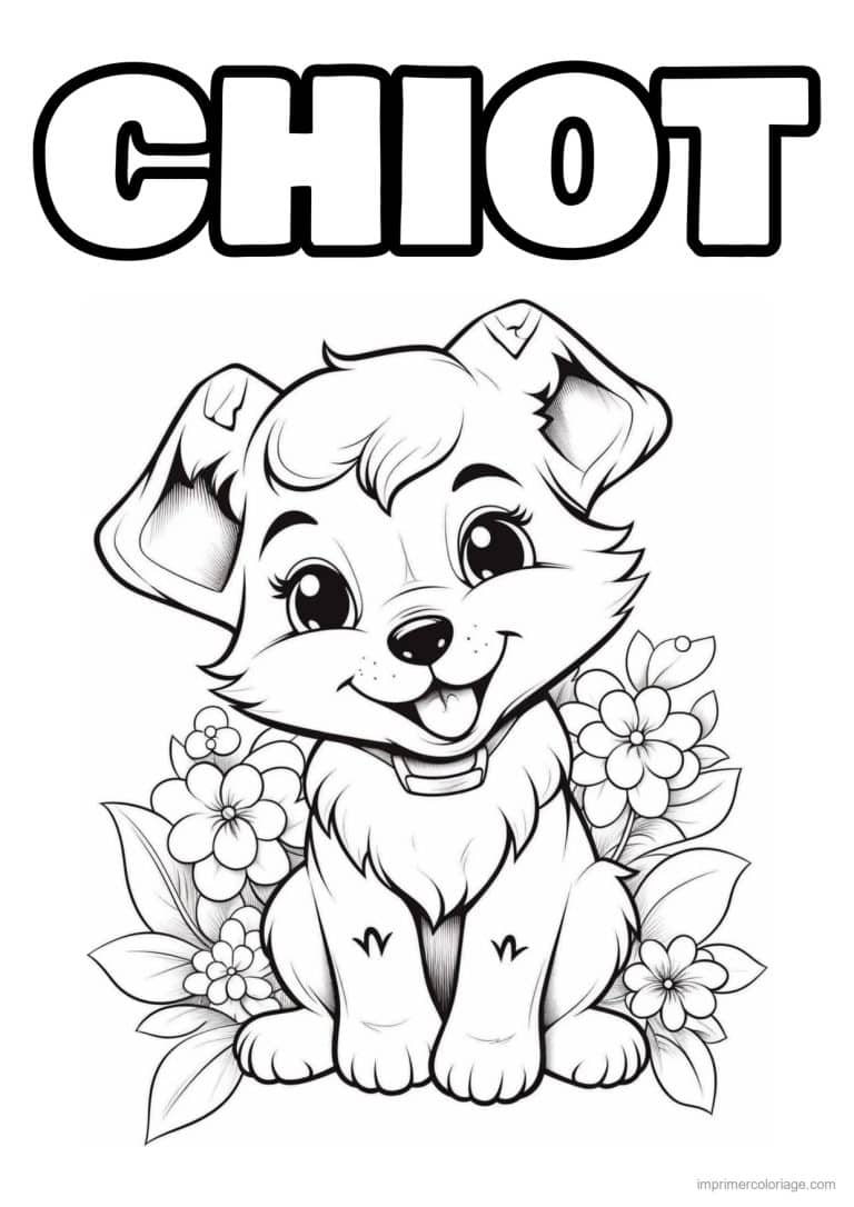 coloriage chiot cartoon fleurs - dessin gratuit &agrave; imprimer