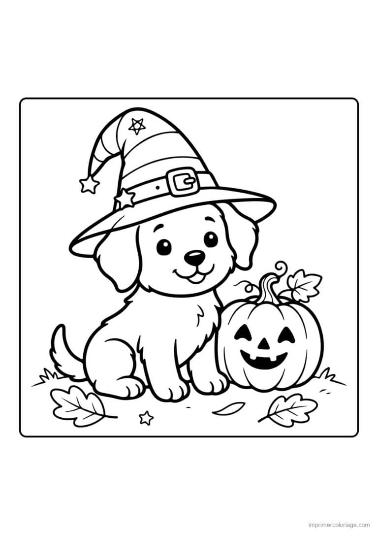 coloriage chiot chapeau de sorciere citrouille - dessin gratuit &agrave; imprimer