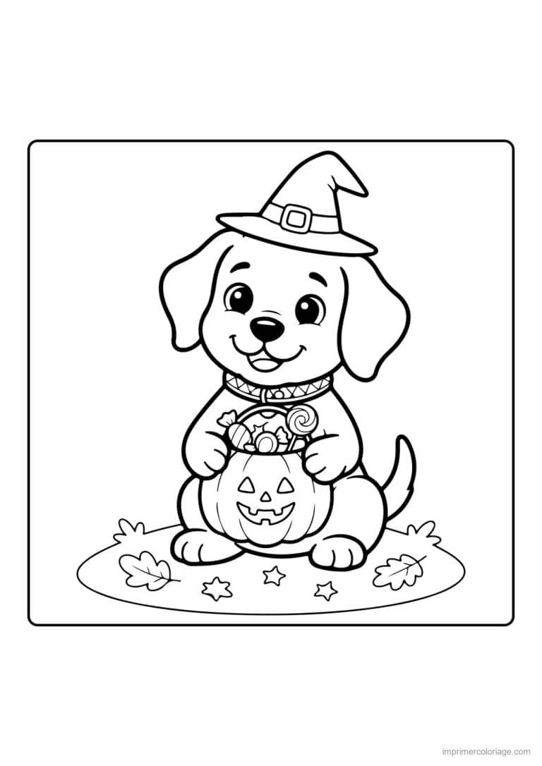 coloriage chiot chapeau pointu citrouille - dessin gratuit &agrave; imprimer