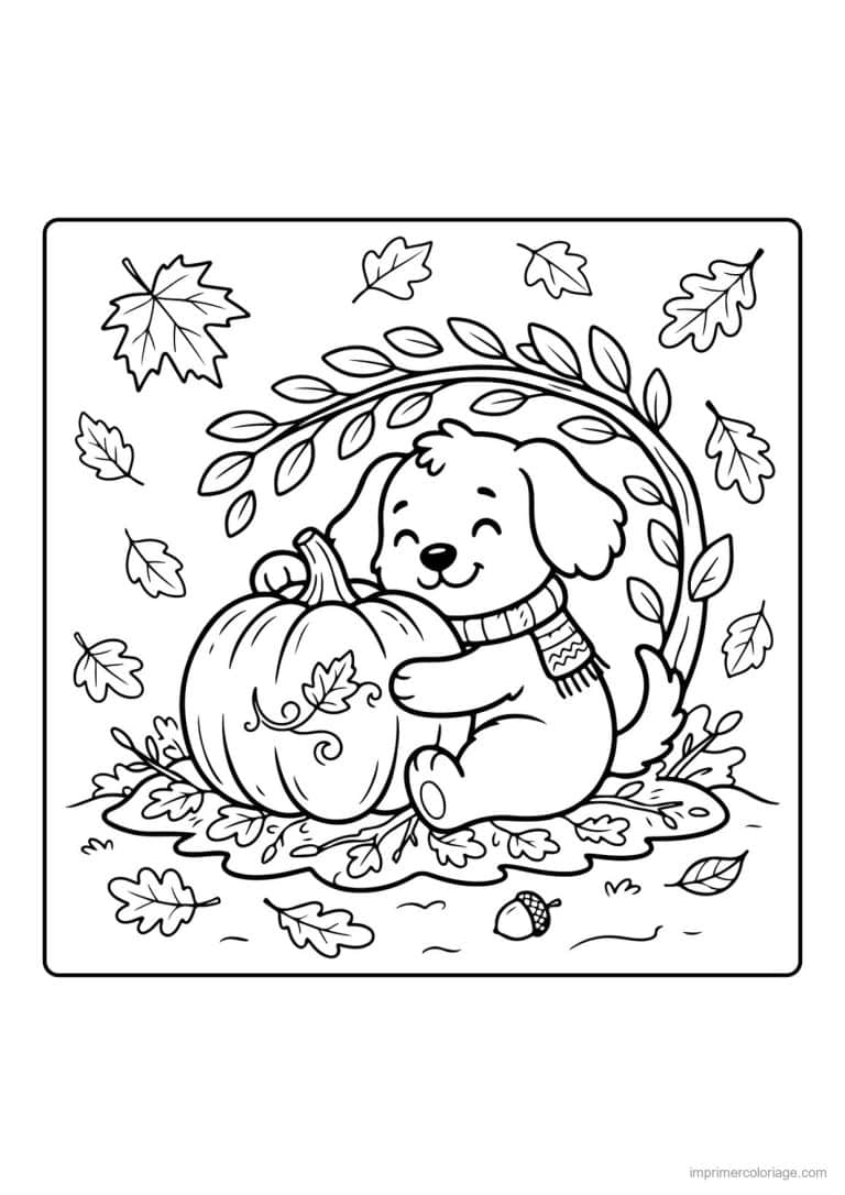 coloriage chiot citrouille et feuilles mortes - dessin gratuit &agrave; imprimer