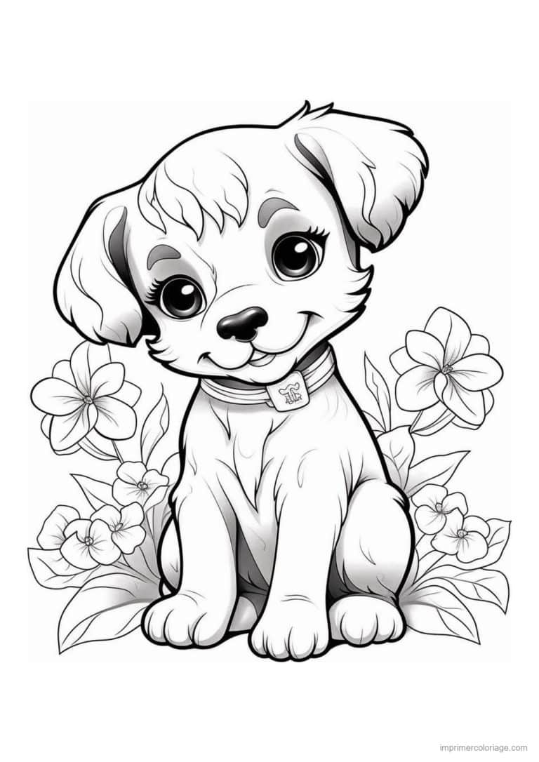 coloriage chiot collier fleuri - dessin gratuit &agrave; imprimer