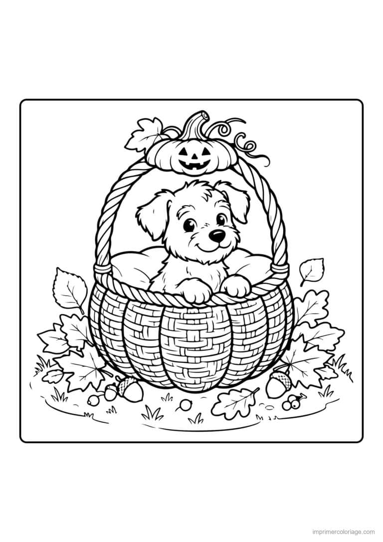 coloriage chiot dans un panier d automne - dessin gratuit &agrave; imprimer