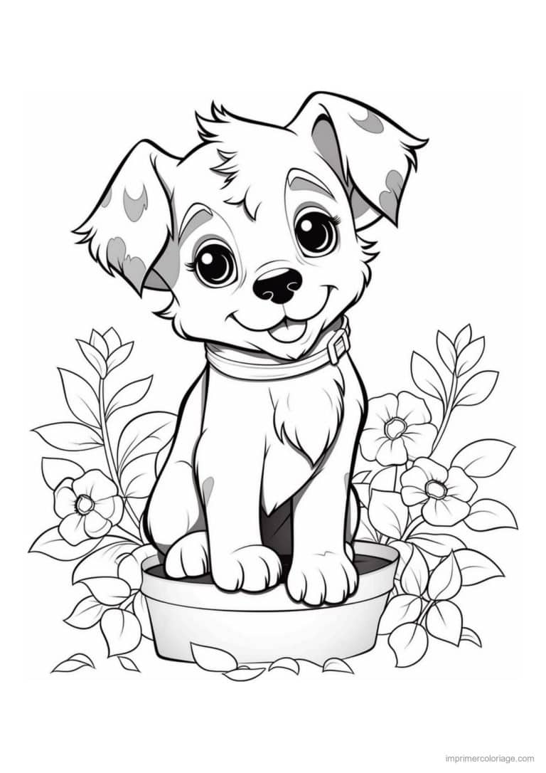 coloriage chiot dans un pot de fleurs - dessin gratuit &agrave; imprimer
