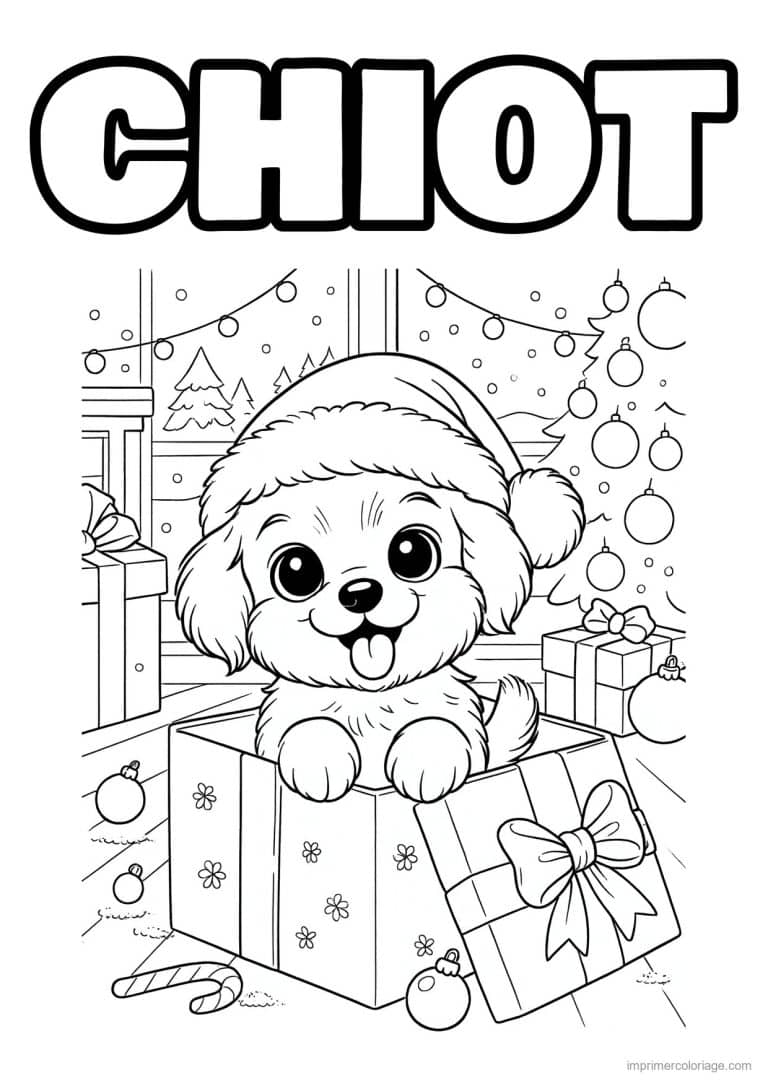 coloriage chiot de noel dans un cadeau - dessin gratuit &agrave; imprimer
