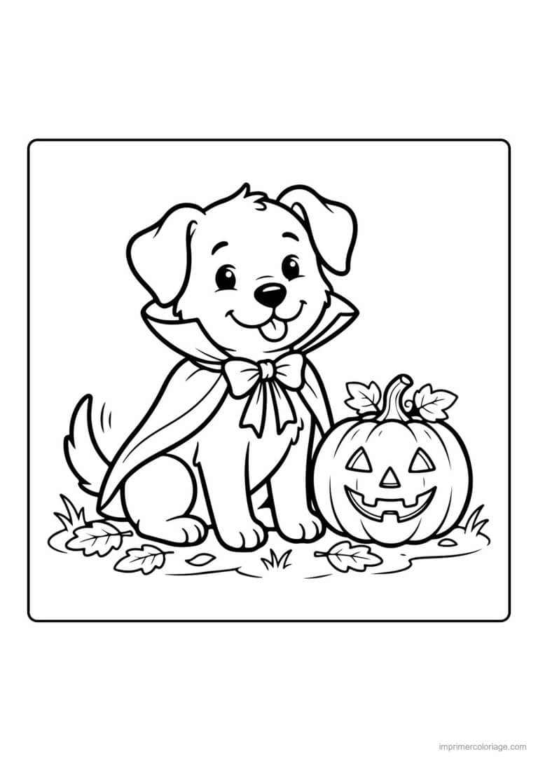 coloriage chiot en cape devant la citrouille - dessin gratuit &agrave; imprimer