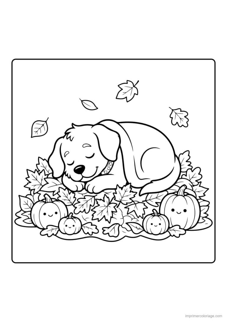 coloriage chiot endormi dans les feuilles - dessin gratuit &agrave; imprimer