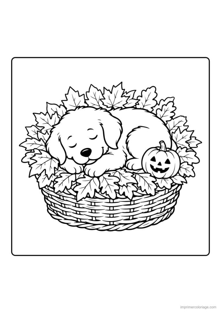 coloriage chiot endormi panier de feuilles - dessin gratuit &agrave; imprimer