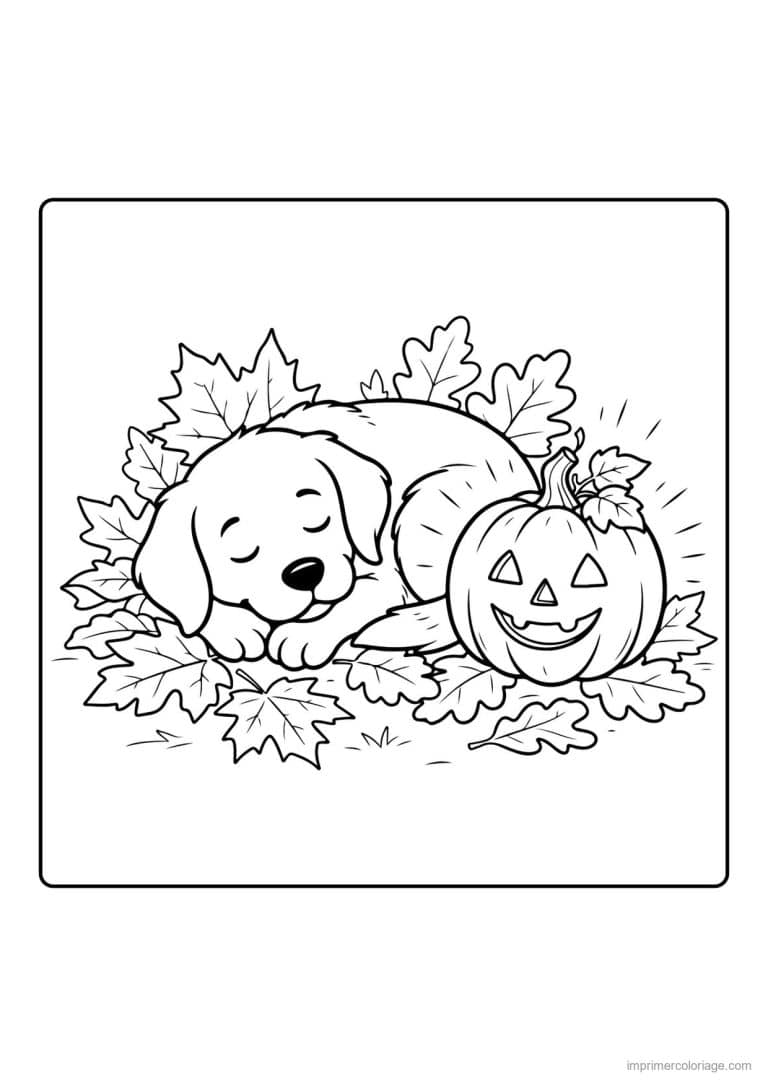 coloriage chiot endormi pres d une citrouille - dessin gratuit &agrave; imprimer