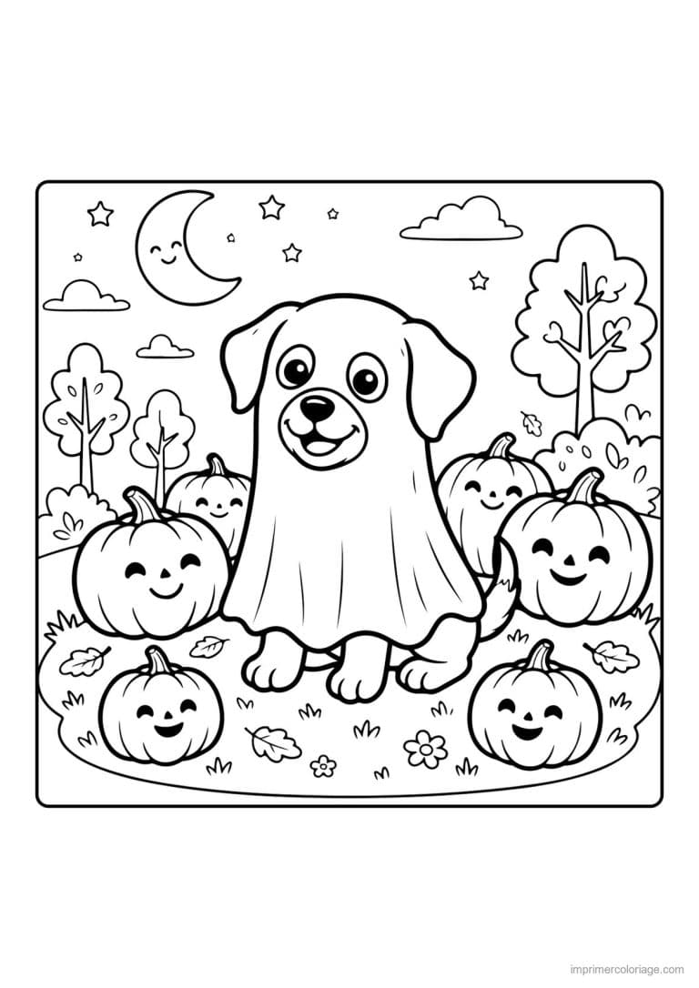 coloriage chiot fantome parmi les citrouilles - dessin gratuit &agrave; imprimer