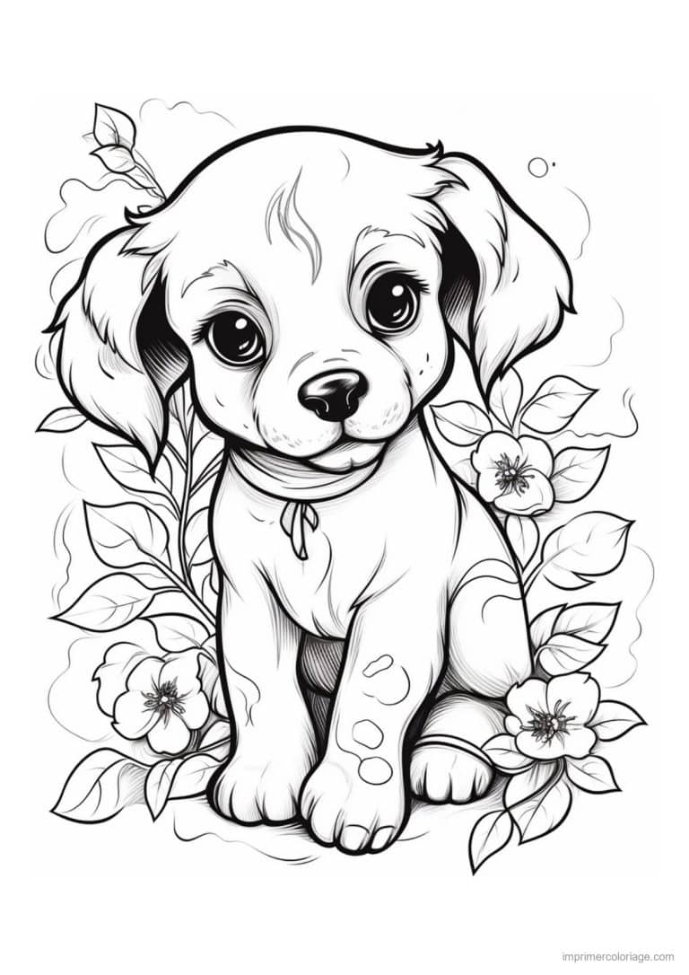 coloriage chiot foulard et fleurs - dessin gratuit &agrave; imprimer