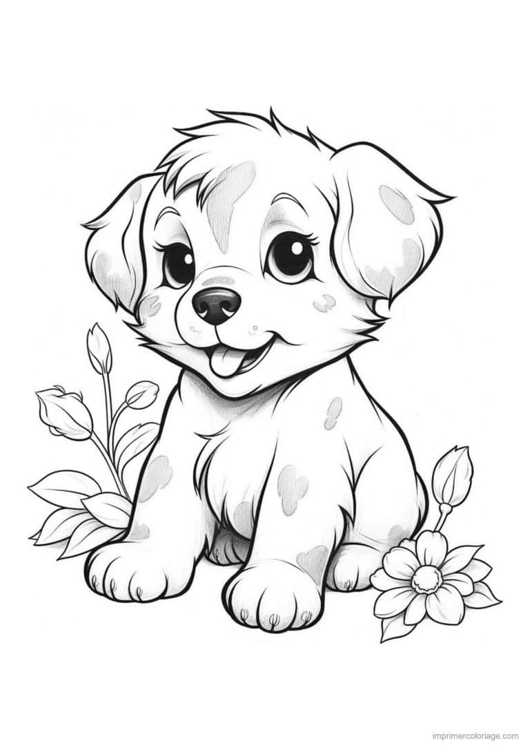 coloriage chiot langue tiree fleur - dessin gratuit &agrave; imprimer