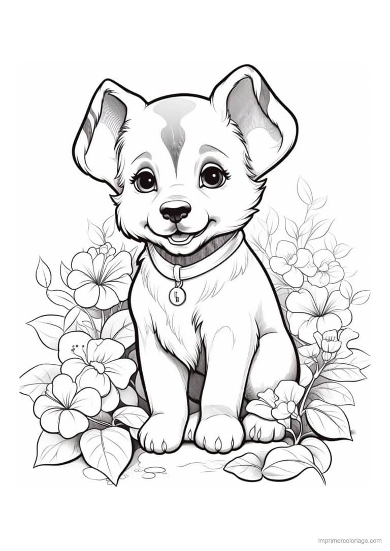 coloriage chiot medaillon et fleurs - dessin gratuit &agrave; imprimer