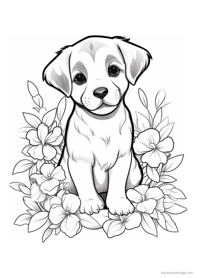 coloriage chiot museau dans les fleurs - dessin gratuit &agrave; imprimer