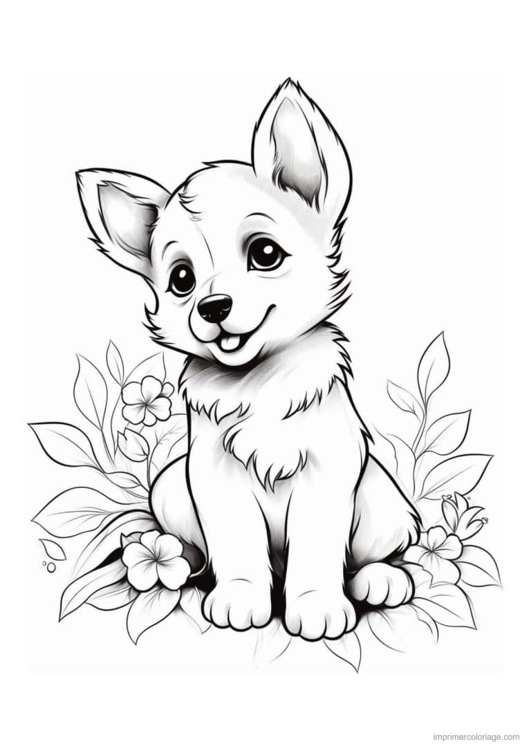 coloriage chiot oreilles dressees fleur - dessin gratuit &agrave; imprimer