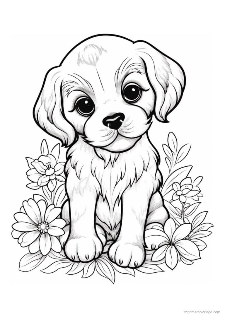 coloriage chiot oreilles longues marguerites - dessin gratuit &agrave; imprimer