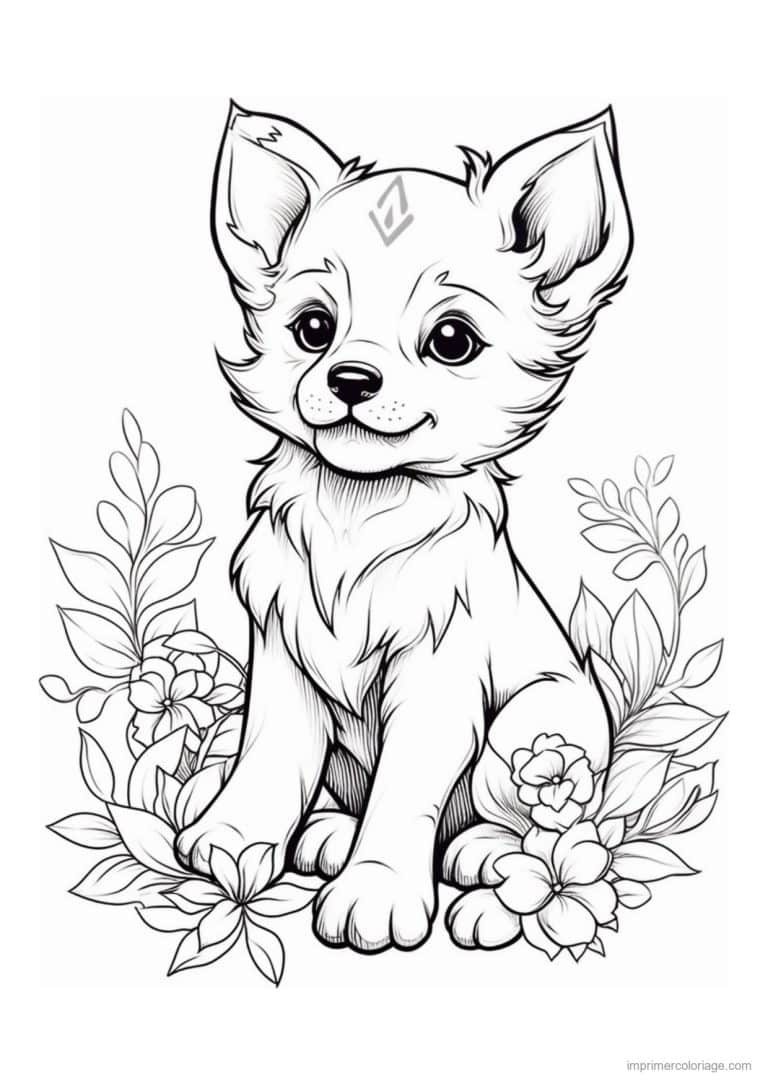 coloriage chiot oreilles pointues fleurs - dessin gratuit &agrave; imprimer