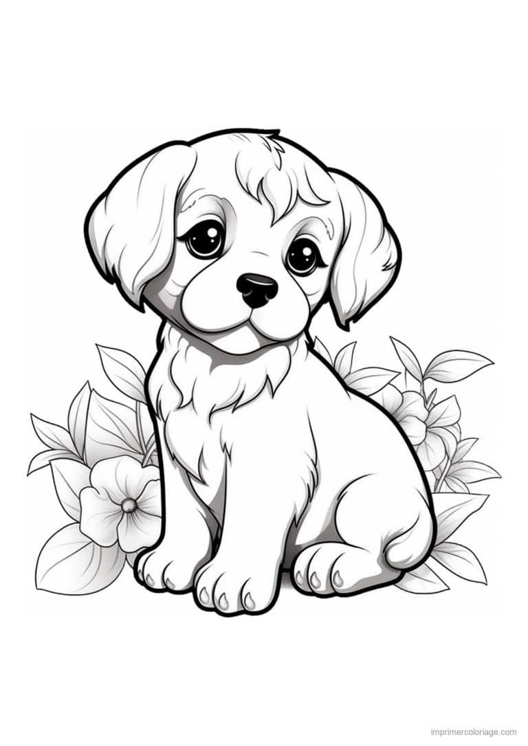 coloriage chiot oreilles tombantes fleurs - dessin gratuit &agrave; imprimer