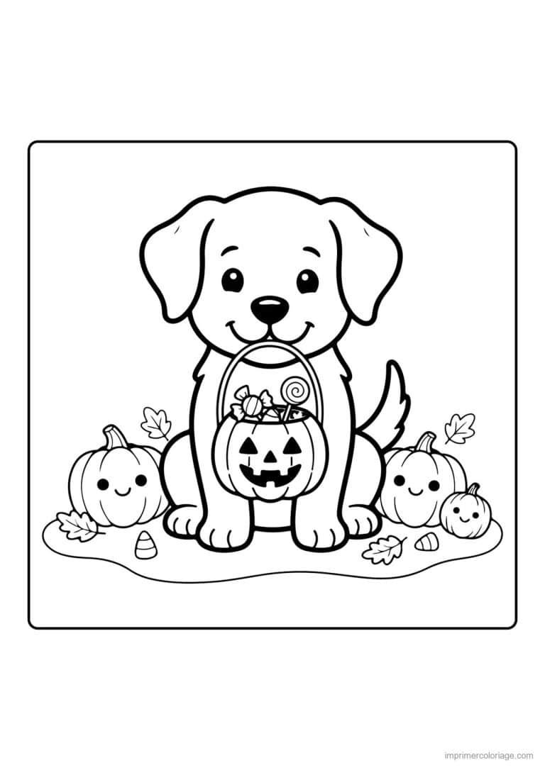 coloriage chiot panier de bonbons halloween - dessin gratuit &agrave; imprimer