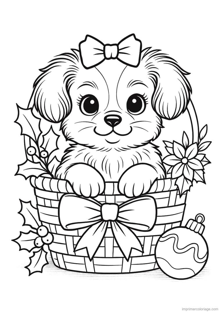 coloriage chiot panier de noel et houx - dessin gratuit &agrave; imprimer