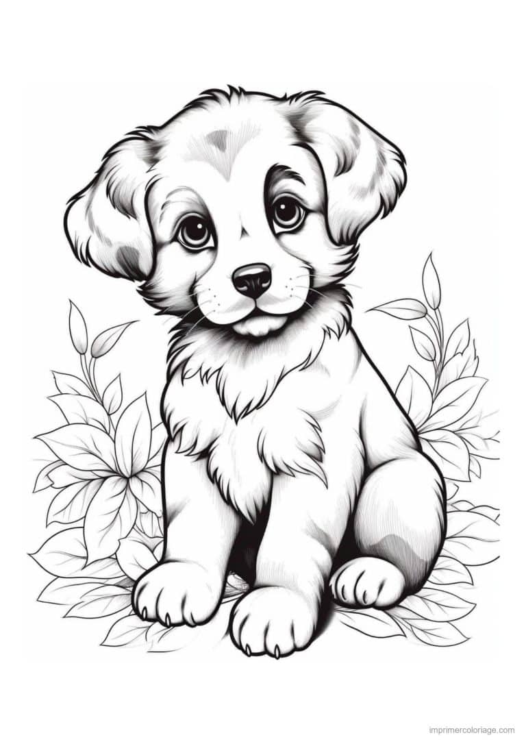 coloriage chiot poil ebouriffe feuilles - dessin gratuit &agrave; imprimer