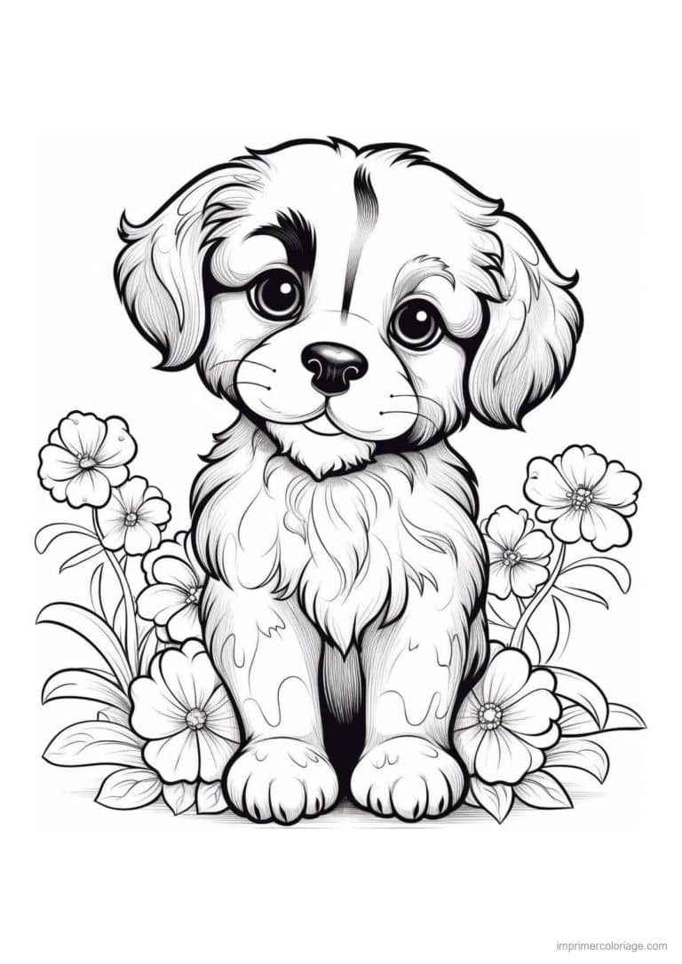 coloriage chiot poil long fleurs - dessin gratuit &agrave; imprimer
