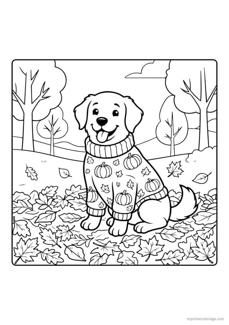 coloriage chiot pull d automne en foret - dessin gratuit &agrave; imprimer