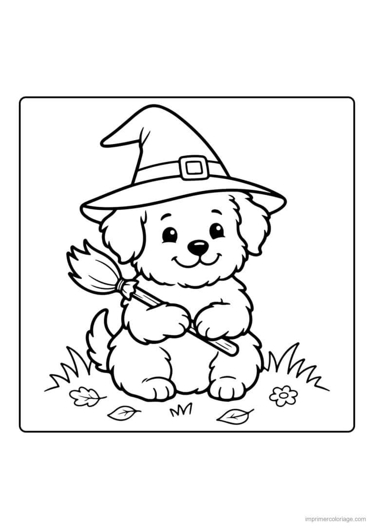 coloriage chiot sorcier sur son balai - dessin gratuit &agrave; imprimer