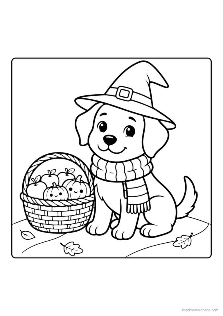 coloriage chiot sorciere panier de pommes - dessin gratuit &agrave; imprimer