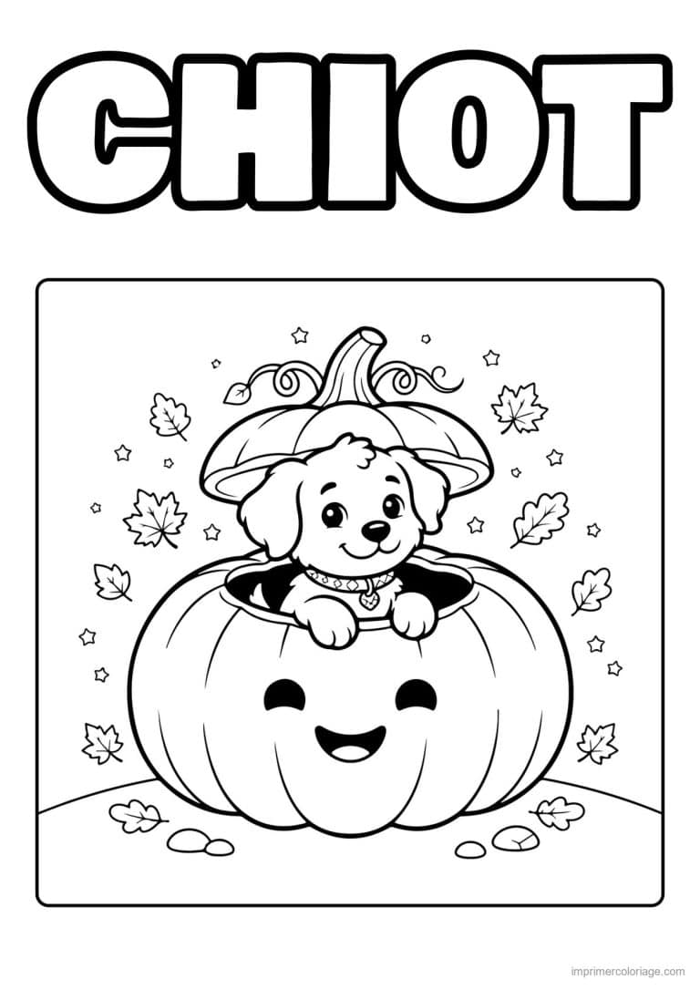 coloriage chiot sort d une citrouille - dessin gratuit &agrave; imprimer
