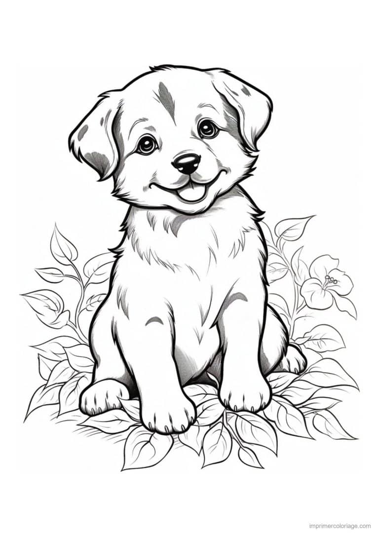 coloriage chiot souriant feuillage - dessin gratuit &agrave; imprimer