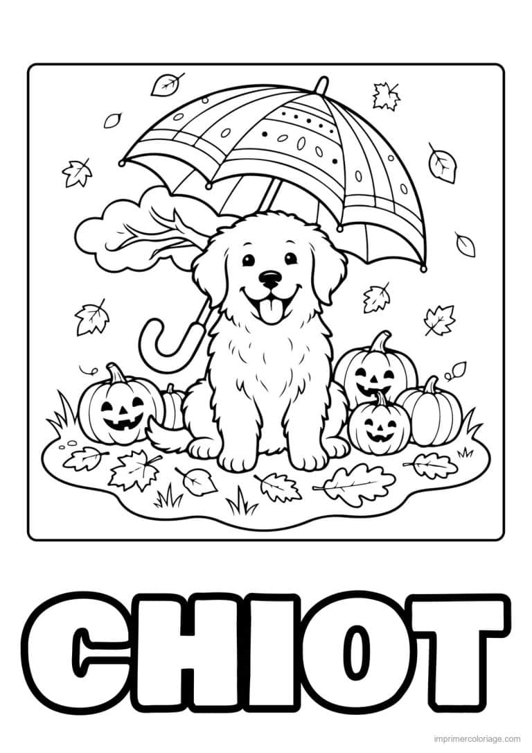 coloriage chiot sous un parapluie - dessin gratuit &agrave; imprimer