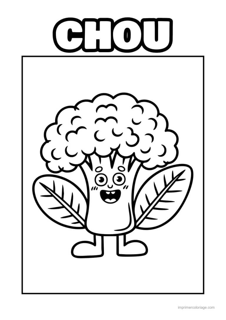 coloriage chou brocoli chou fleur kawaii aux grandes feuilles - dessin gratuit &agrave; imprimer