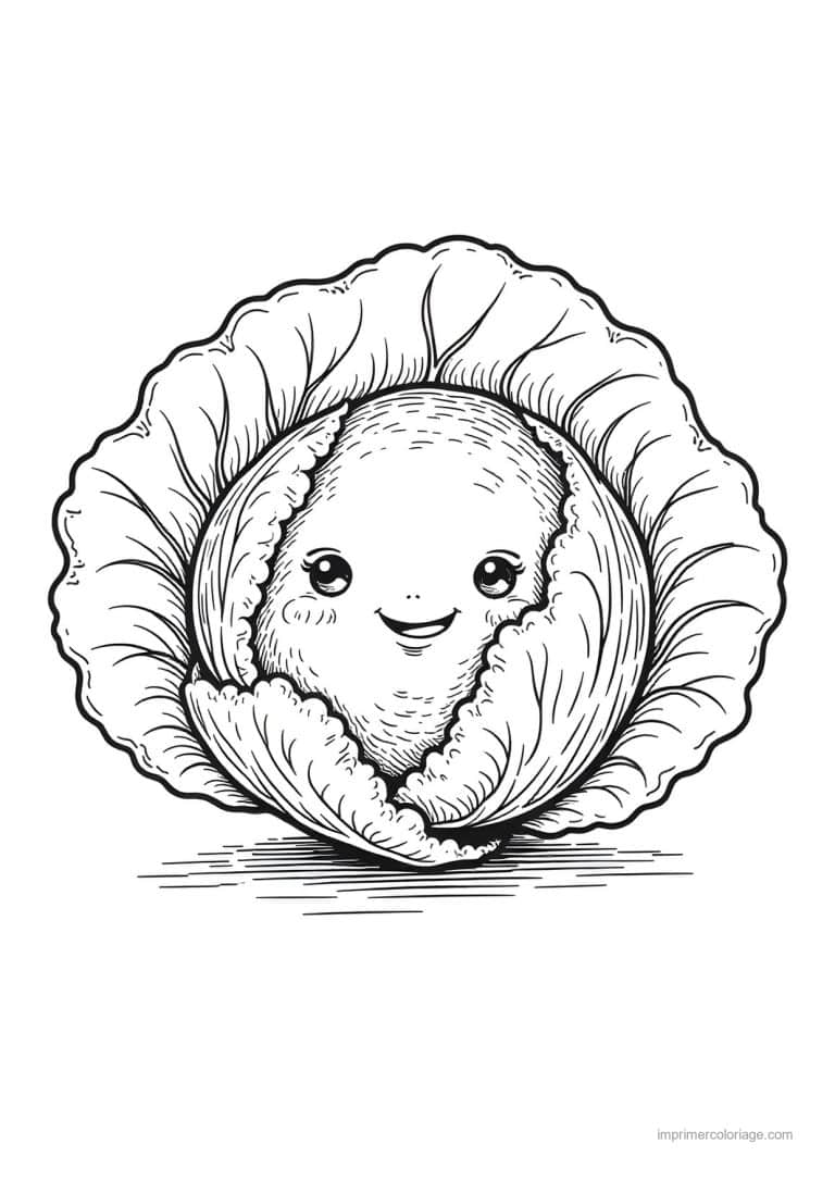 coloriage chou brocoli chou kawaii dans ses feuilles - dessin gratuit &agrave; imprimer