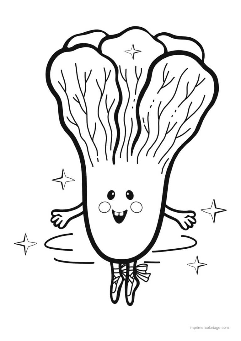 coloriage chou brocoli pak choi kawaii qui bondit - dessin gratuit &agrave; imprimer