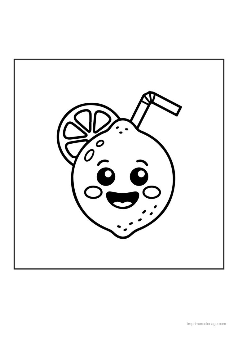 coloriage citron citron kawaii et sa paille - dessin gratuit &agrave; imprimer