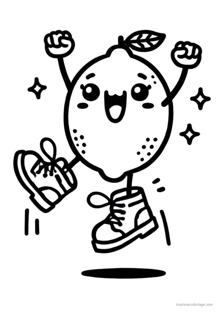 coloriage citron citron kawaii qui saute - dessin gratuit &agrave; imprimer