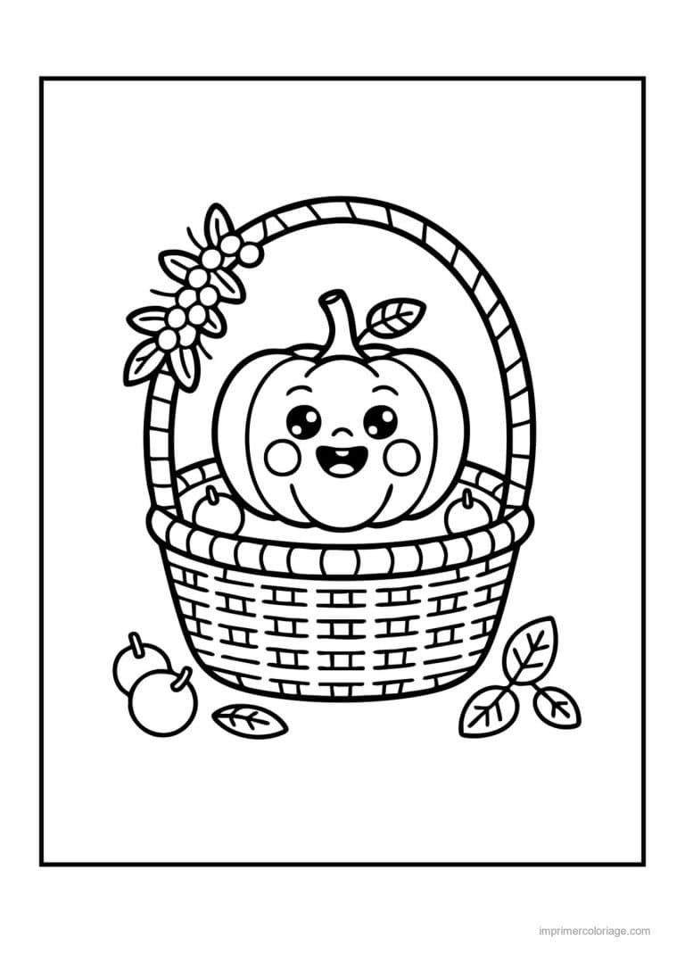 coloriage citrouille potiron citrouille kawaii dans son panier - dessin gratuit &agrave; imprimer