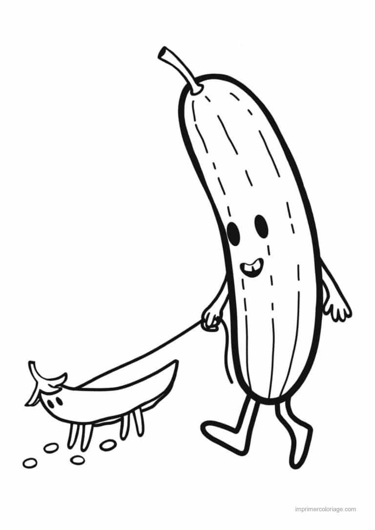 coloriage concombre concombre kawaii promene sa banane - dessin gratuit &agrave; imprimer