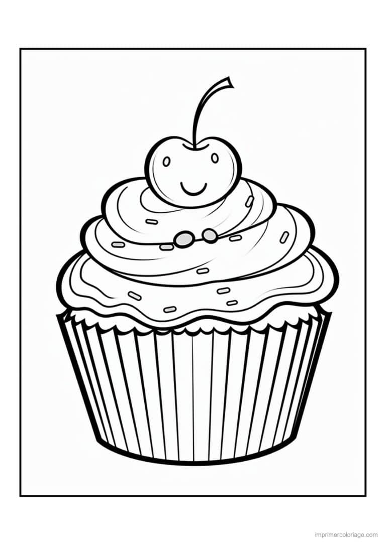 coloriage cupcake cerise qui sourit - dessin gratuit &agrave; imprimer