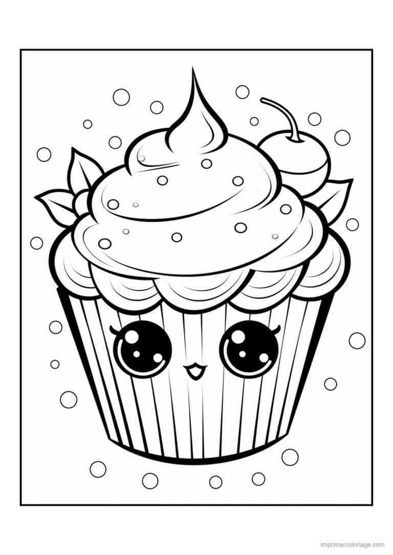coloriage cupcake cerises et feuilles - dessin gratuit &agrave; imprimer