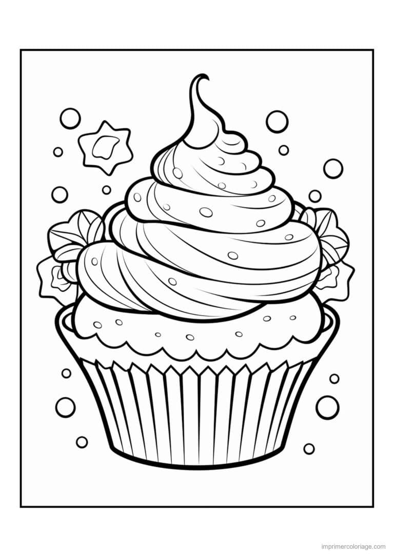 coloriage cupcake feuilles et etoiles - dessin gratuit &agrave; imprimer