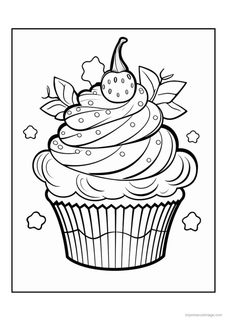 coloriage cupcake fraise et feuillage - dessin gratuit &agrave; imprimer