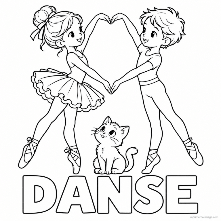 coloriage danse friend danseurs coeur avec chaton titre bas - dessin gratuit &agrave; imprimer