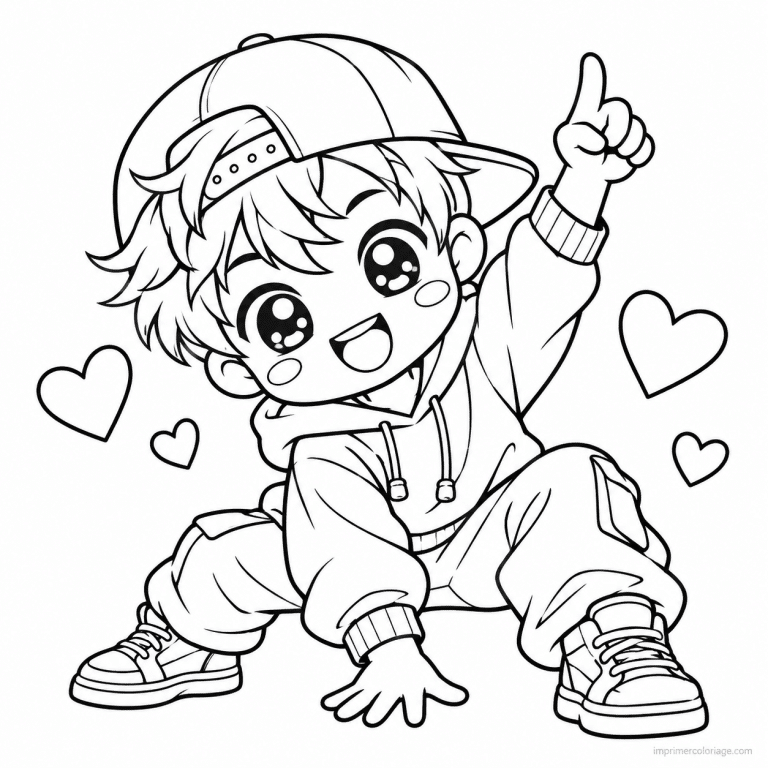 coloriage danse kawaii danseur hip hop coeurs - dessin gratuit &agrave; imprimer